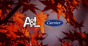 fall leaves background with a & l heating & cooling logo and carrier logo